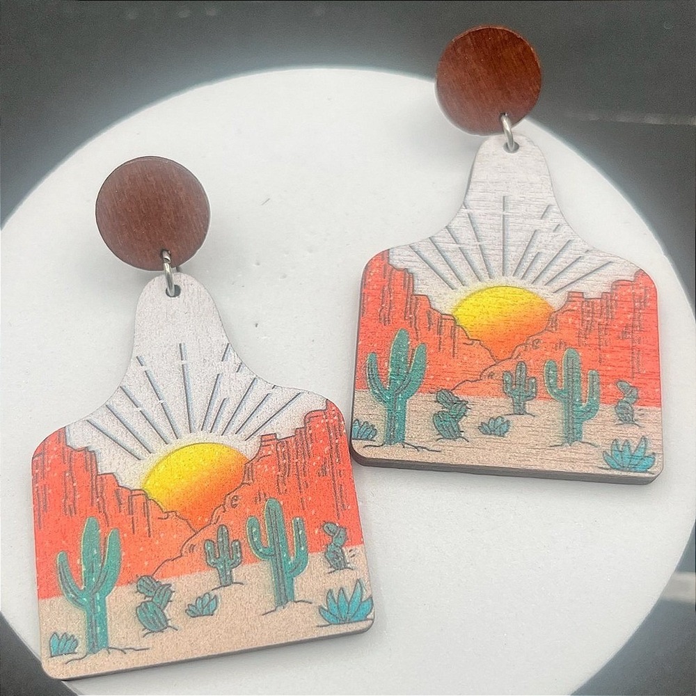 Vintage Desert Cactus Sunset Earrings Printed‎ Wooden Dangle Western Jewellery